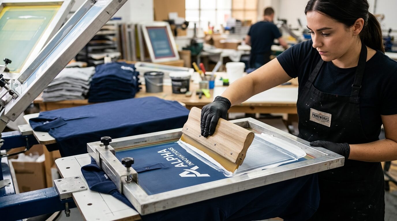 Screen printing corporate logos on custom logo uniform shirts in apparel printing workshop
